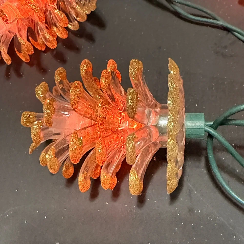 9' Vtg Style Glitter Pinecone String Lights 10 Count Gold Amber Glow Green Wire